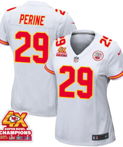 La'Mical Perine 29 Kansas City Chiefs Super Bowl LVIII Champions 4X Game Women Jersey - White JS9852 nicesnker