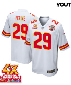 La'Mical Perine 29 Kansas City Chiefs Super Bowl LVIII Champions 4X Game YOUTH Jersey - White JS9666 nicesnker