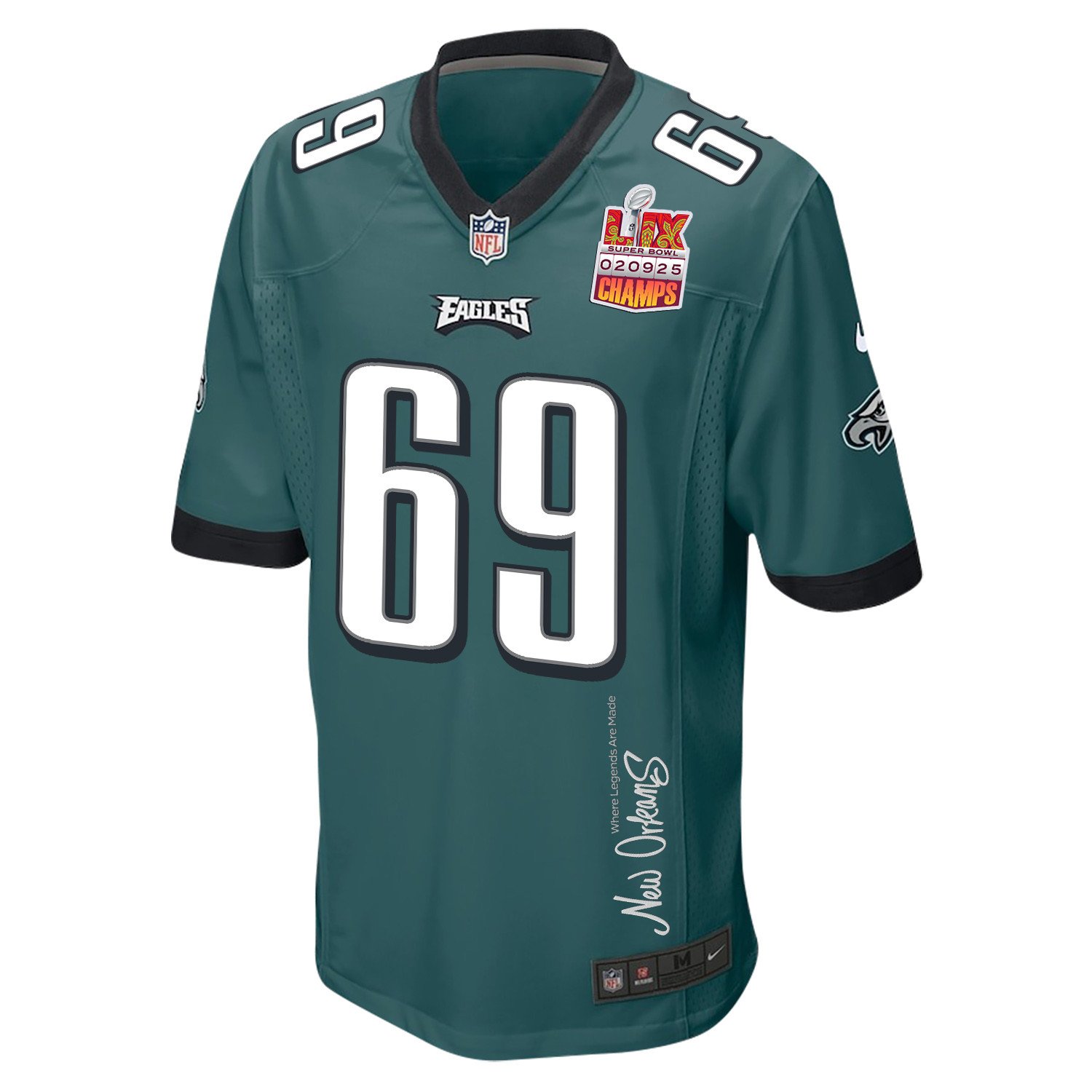 Landon Dickerson 69 Philadelphia Eagles Super Bowl LIX Champions Patch 'New Orleans - Where Legends Are Made' EMBROIDERED Game Men Jersey - Midnight Green JS1403 nicesnker - Image 3