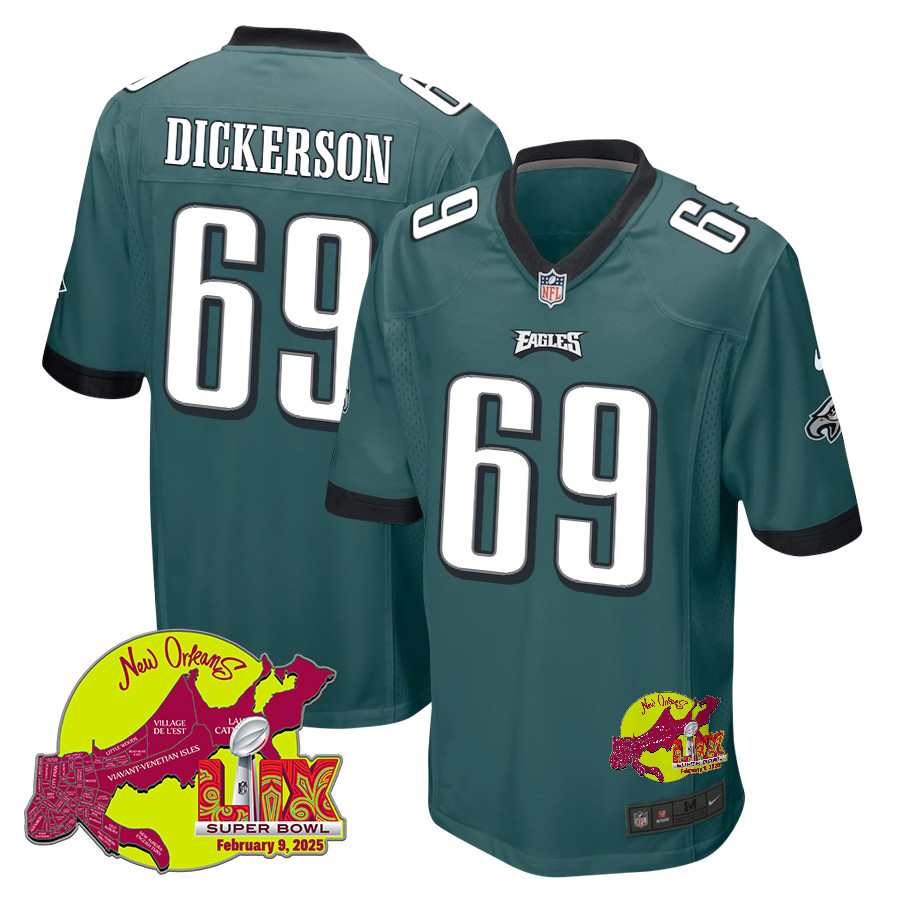 Landon Dickerson 69 Philadelphia Eagles Super Bowl LIX New Orleans Patch Game Men Jersey - Midnight Green JS2557 nicesnker