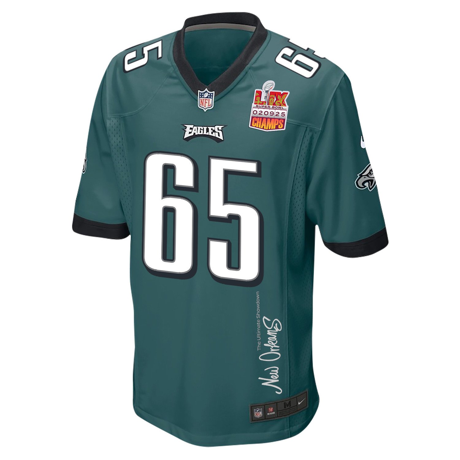 Lane Johnson 65 Philadelphia Eagles Super Bowl LIX Champions Patch 'New Orleans - The Ultimate Showdown' EMBROIDERED Game Men Jersey - Midnight Green JS6462 nicesnker - Image 3