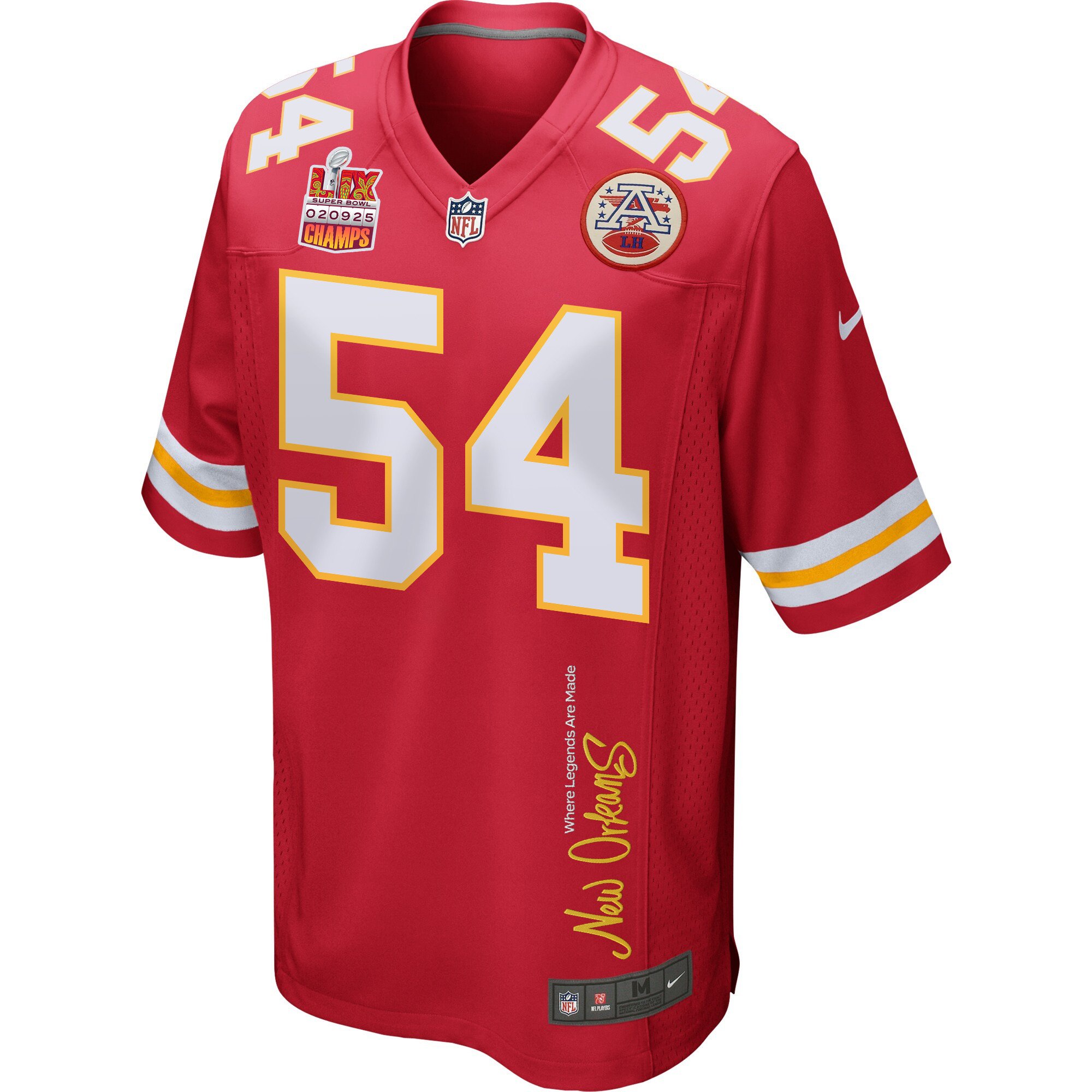 Leo Chenal 54 Kansas City Chiefs Super Bowl LIX Champions Patch 'New Orleans - Where Legends Are Made' EMBROIDERED Game Men Jersey - Red JS4042 nicesnker - Image 3