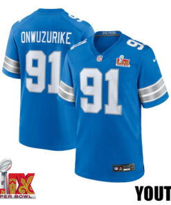 Levi Onwuzurike #91 Detroit Lions Super Bowl LIX YOUTH Jersey - Blue JS2489 nicesnker