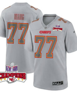 Lucas Niang 77 Kansas City Chiefs Super Bowl LVIII Champions 4 Stars Patch Atmosphere Fashion Game Men Jersey - Gray JS9596 nicesnker