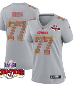 Lucas Niang 77 Kansas City Chiefs Super Bowl LVIII Champions 4 Stars Patch Atmosphere Fashion Game Women Jersey - Gray JS3383 nicesnker