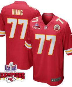Lucas Niang 77 Kansas City Chiefs Super Bowl LVIII Champions 4 Stars Patch Game Men Jersey - Red JS8483 nicesnker