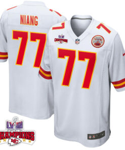 Lucas Niang 77 Kansas City Chiefs Super Bowl LVIII Champions 4 Stars Patch Game Men Jersey - White JS1802 nicesnker