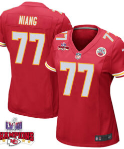 Lucas Niang 77 Kansas City Chiefs Super Bowl LVIII Champions 4 Stars Patch Game Women Jersey - Red JS4695 nicesnker