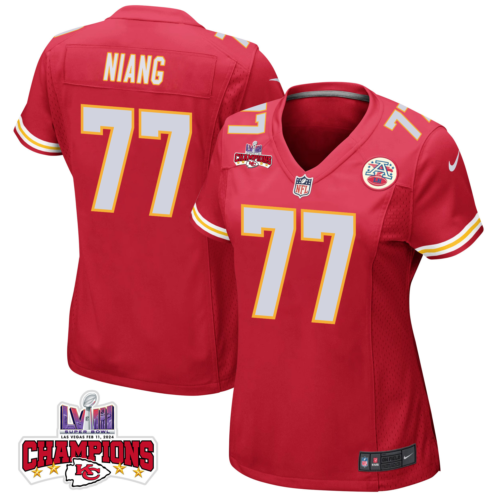 Lucas Niang 77 Kansas City Chiefs Super Bowl LVIII Champions 4 Stars Patch Game Women Jersey - Red JS4695 nicesnker