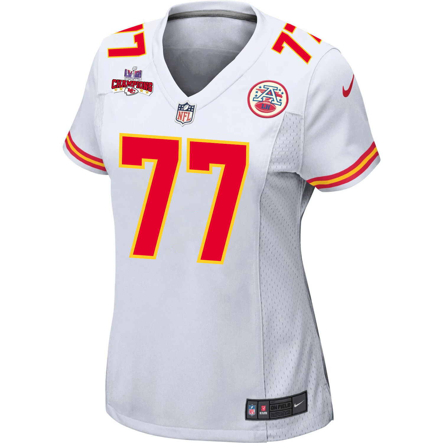 Lucas Niang 77 Kansas City Chiefs Super Bowl LVIII Champions 4 Stars Patch Game Women Jersey - White JS1537 nicesnker - Image 2