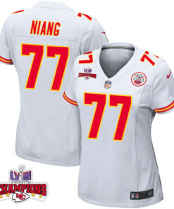 Lucas Niang 77 Kansas City Chiefs Super Bowl LVIII Champions 4 Stars Patch Game Women Jersey - White JS1537 nicesnker