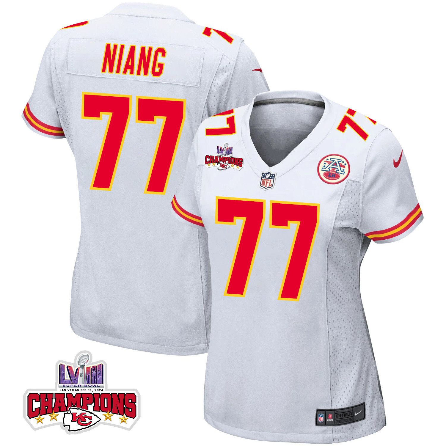 Lucas Niang 77 Kansas City Chiefs Super Bowl LVIII Champions 4 Stars Patch Game Women Jersey - White JS1537 nicesnker