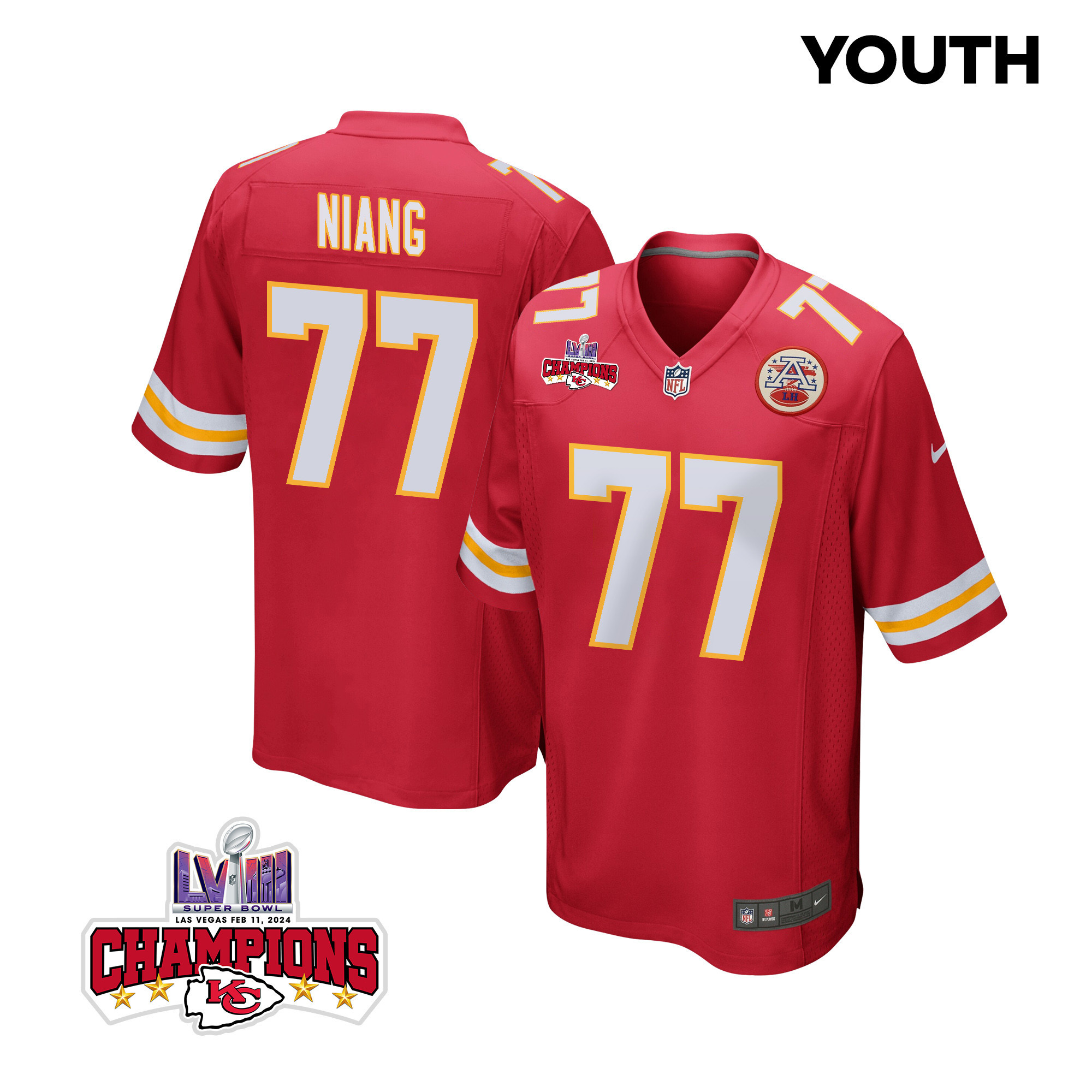 Lucas Niang 77 Kansas City Chiefs Super Bowl LVIII Champions 4 Stars Patch Game YOUTH Jersey - Red JS7719 nicesnker