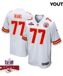 Lucas Niang 77 Kansas City Chiefs Super Bowl LVIII Champions 4 Stars Patch Game YOUTH Jersey - White JS2529 nicesnker