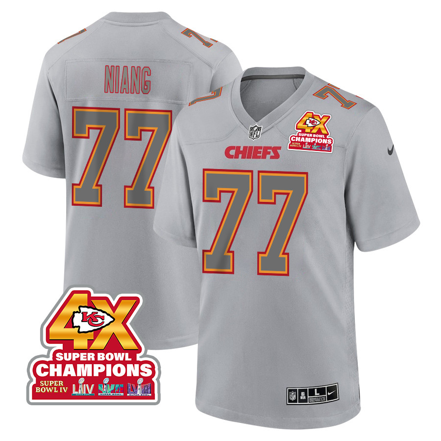 Lucas Niang 77 Kansas City Chiefs Super Bowl LVIII Champions 4X Atmosphere Fashion Game Men Jersey - Gray JS4475 nicesnker