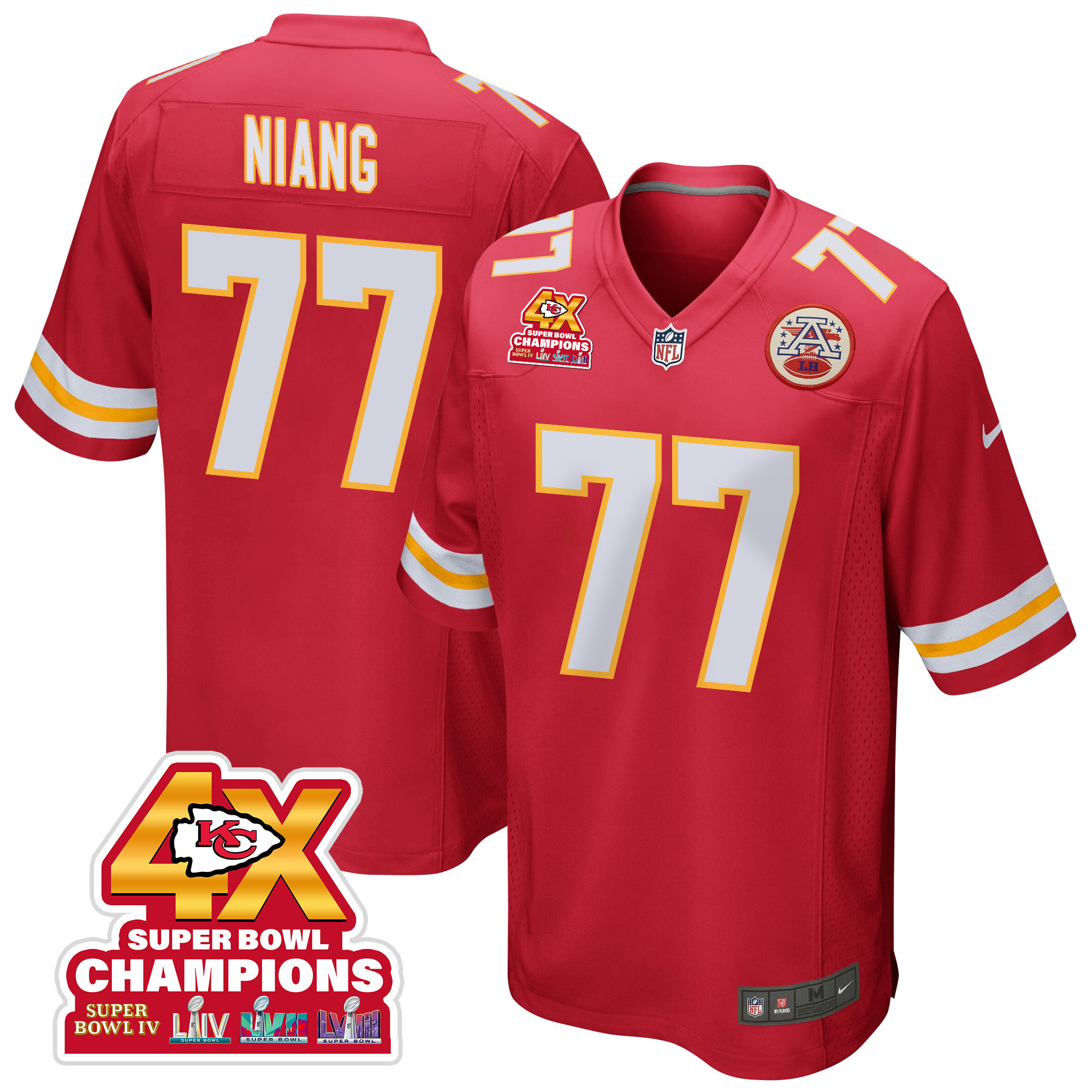 Lucas Niang 77 Kansas City Chiefs Super Bowl LVIII Champions 4X Game Men Jersey - Red JS3617 nicesnker