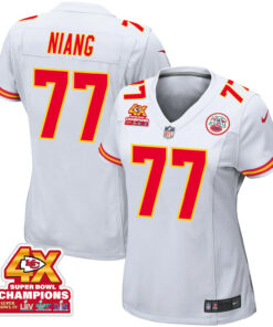 Lucas Niang 77 Kansas City Chiefs Super Bowl LVIII Champions 4X Game Women Jersey - White JS4056 nicesnker