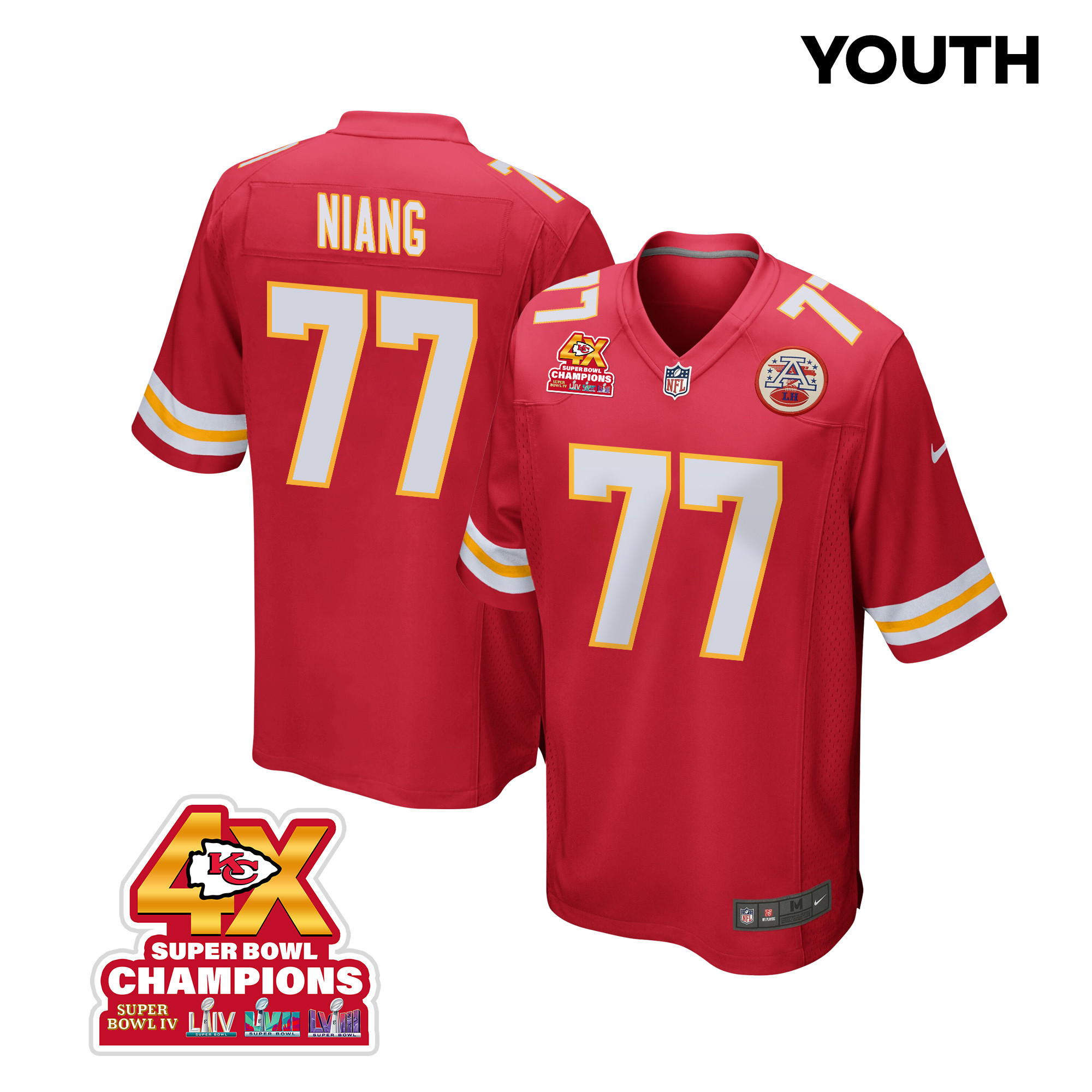 Lucas Niang 77 Kansas City Chiefs Super Bowl LVIII Champions 4X Game YOUTH Jersey - Red JS7230 nicesnker