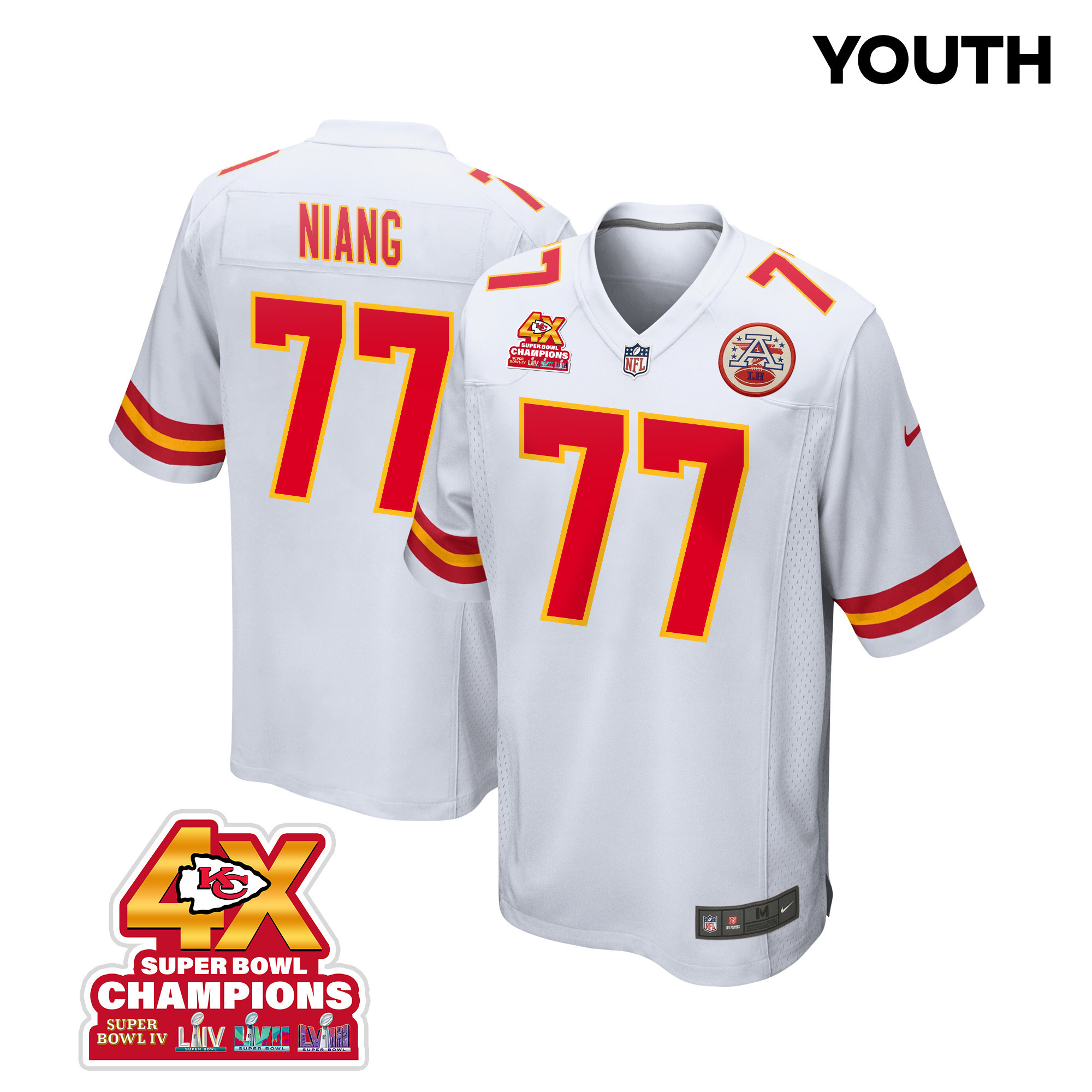 Lucas Niang 77 Kansas City Chiefs Super Bowl LVIII Champions 4X Game YOUTH Jersey - White JS6692 nicesnker