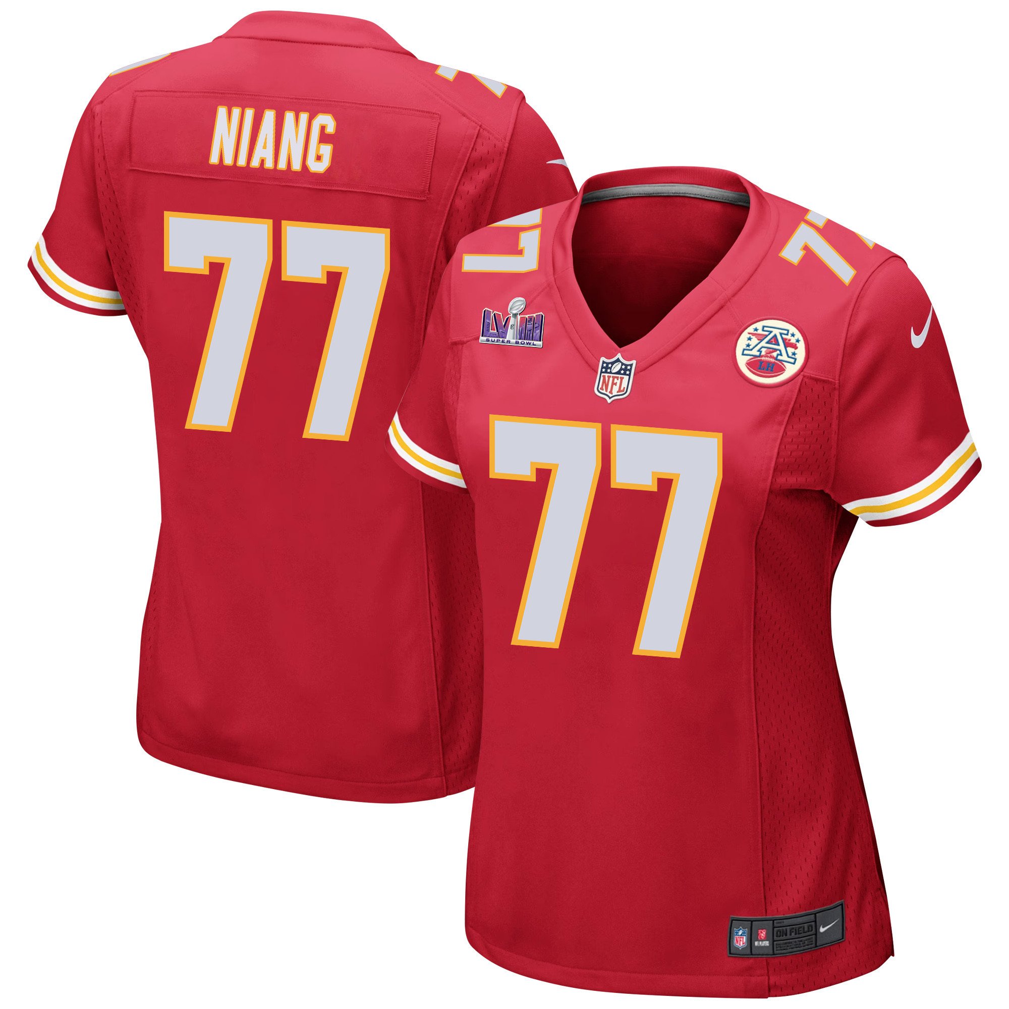 Lucas Niang 77 Kansas City Chiefs Super Bowl LVIII Patch Game Women Jersey - Red JS8682 nicesnker