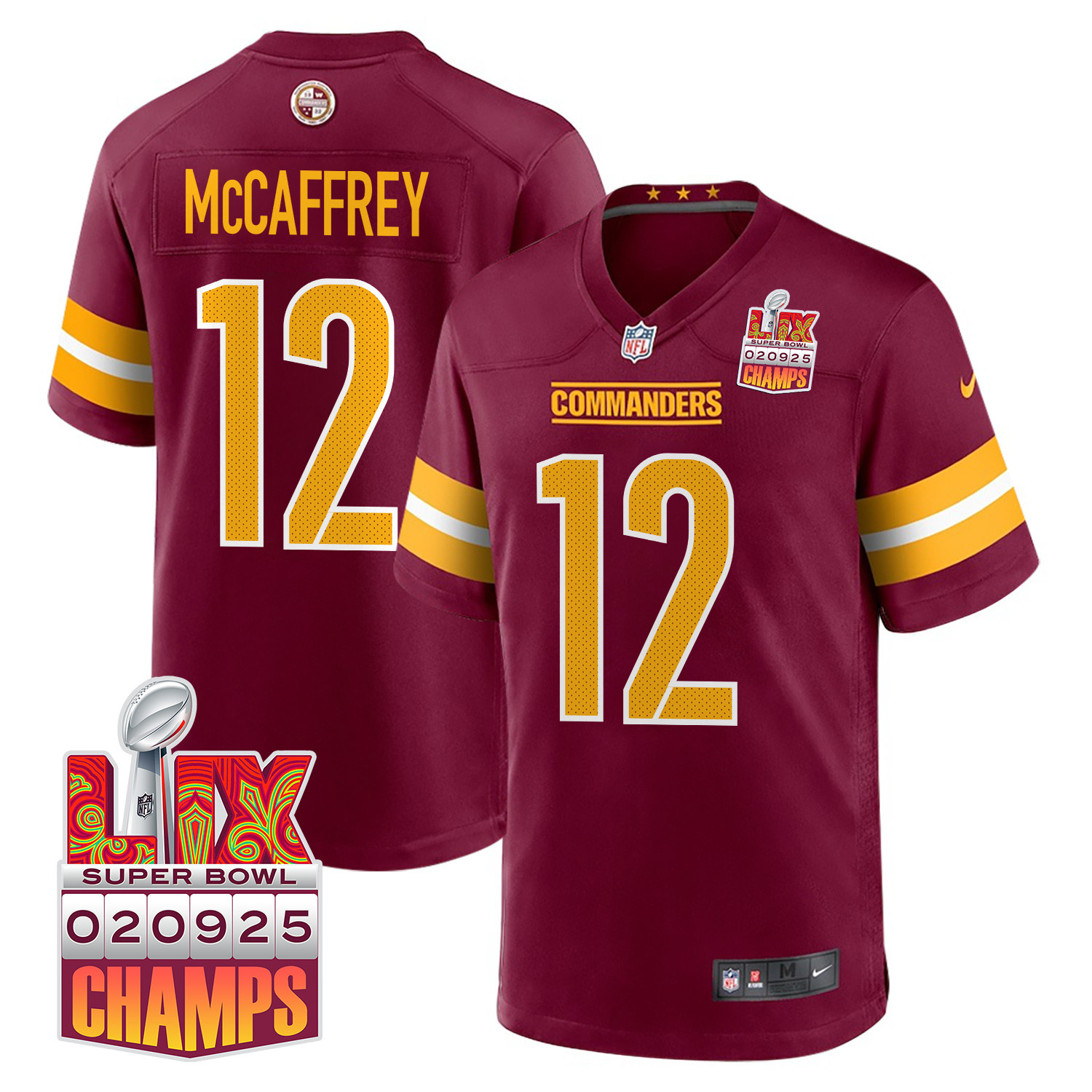 Luke McCaffrey 12 Washington Commanders Super Bowl LIX Champions Patch Game Men Jersey - Burgundy JS9433 nicesnker