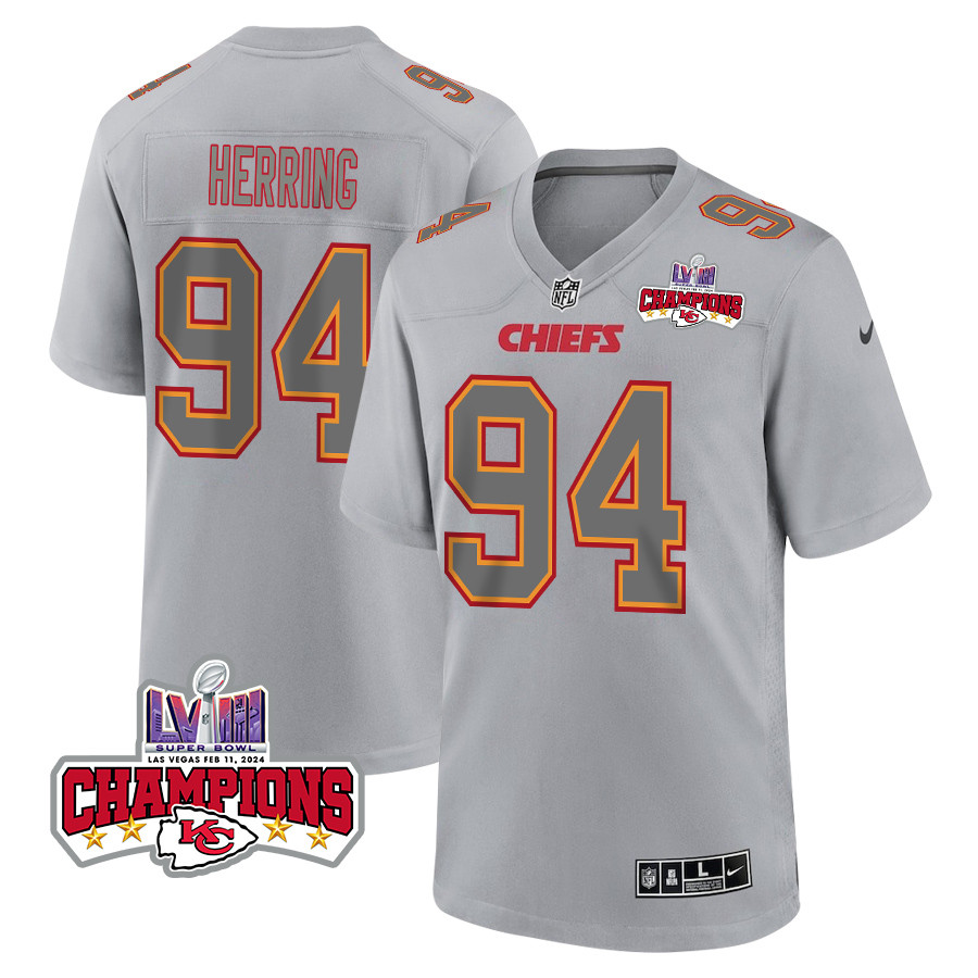 Malik Herring 94 Kansas City Chiefs Super Bowl LVIII Champions 4 Stars Patch Atmosphere Fashion Game Men Jersey - Gray JS3993 nicesnker