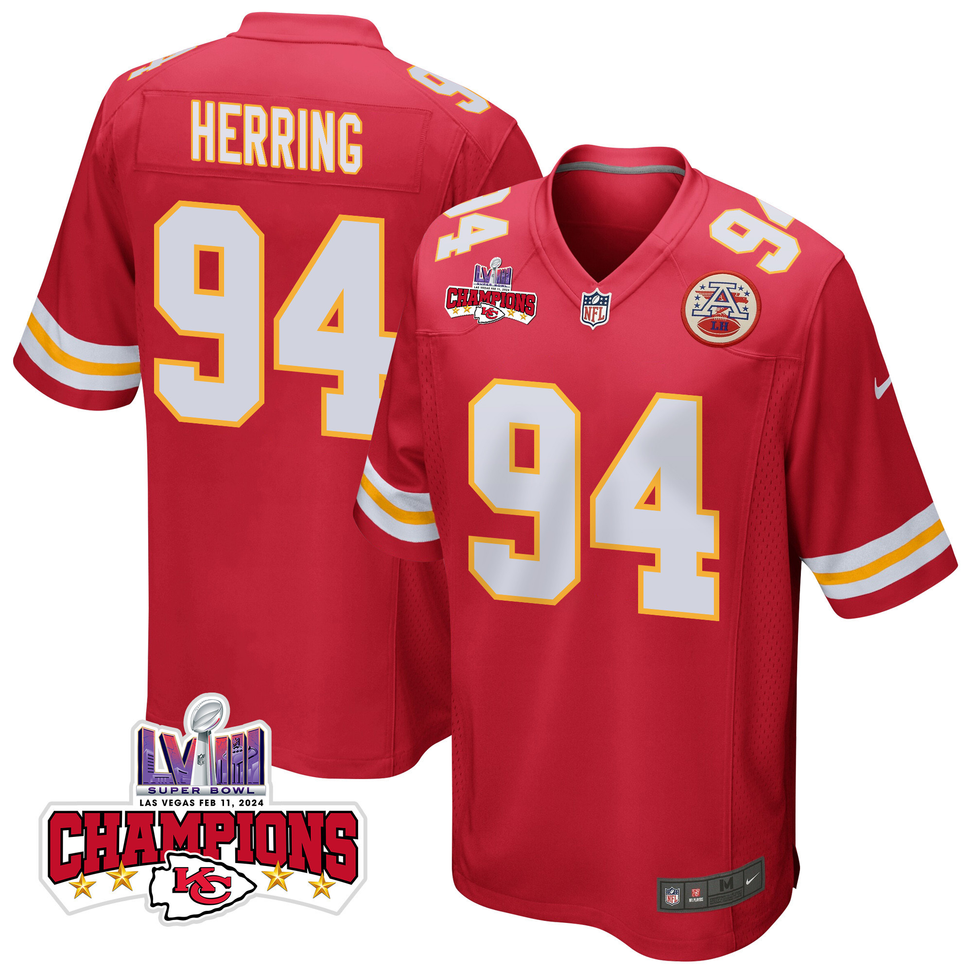 Malik Herring 94 Kansas City Chiefs Super Bowl LVIII Champions 4 Stars Patch Game Men Jersey - Red JS3357 nicesnker