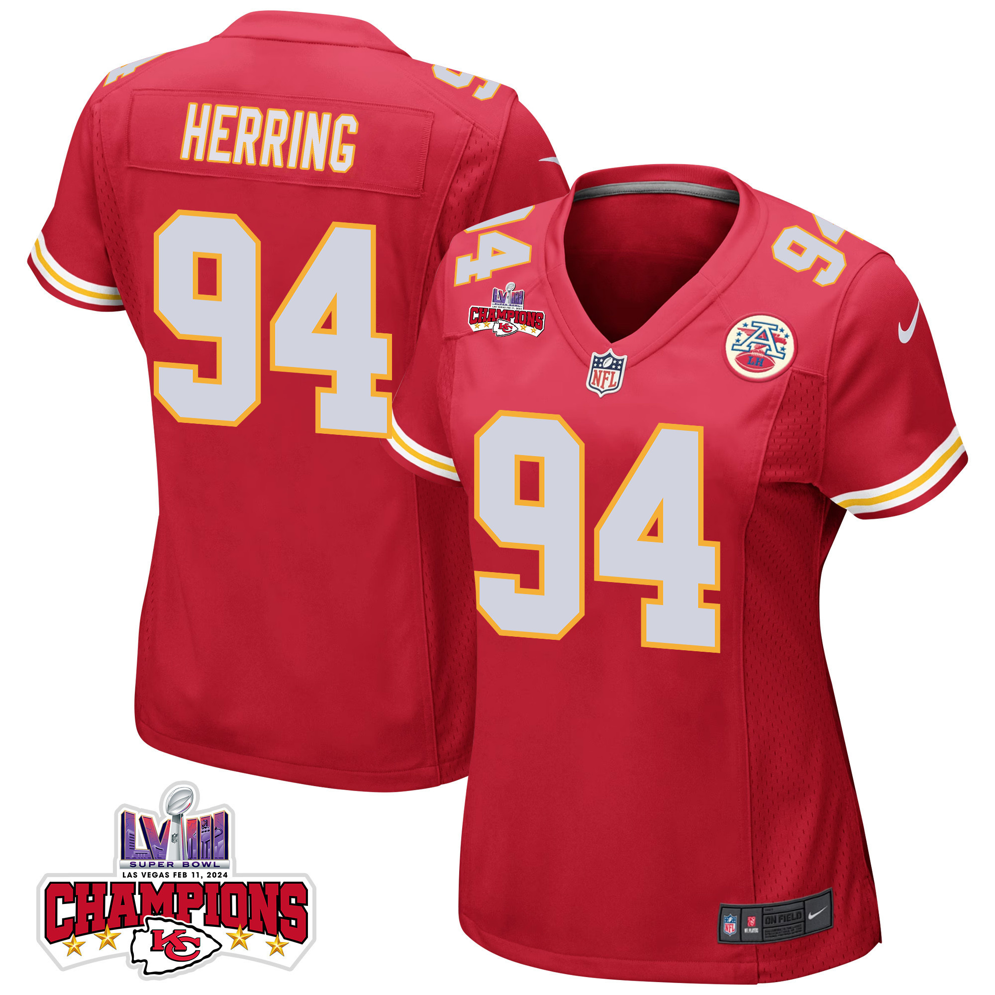 Malik Herring 94 Kansas City Chiefs Super Bowl LVIII Champions 4 Stars Patch Game Women Jersey - Red JS2669 nicesnker