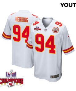 Malik Herring 94 Kansas City Chiefs Super Bowl LVIII Champions 4 Stars Patch Game YOUTH Jersey - White JS7381 nicesnker