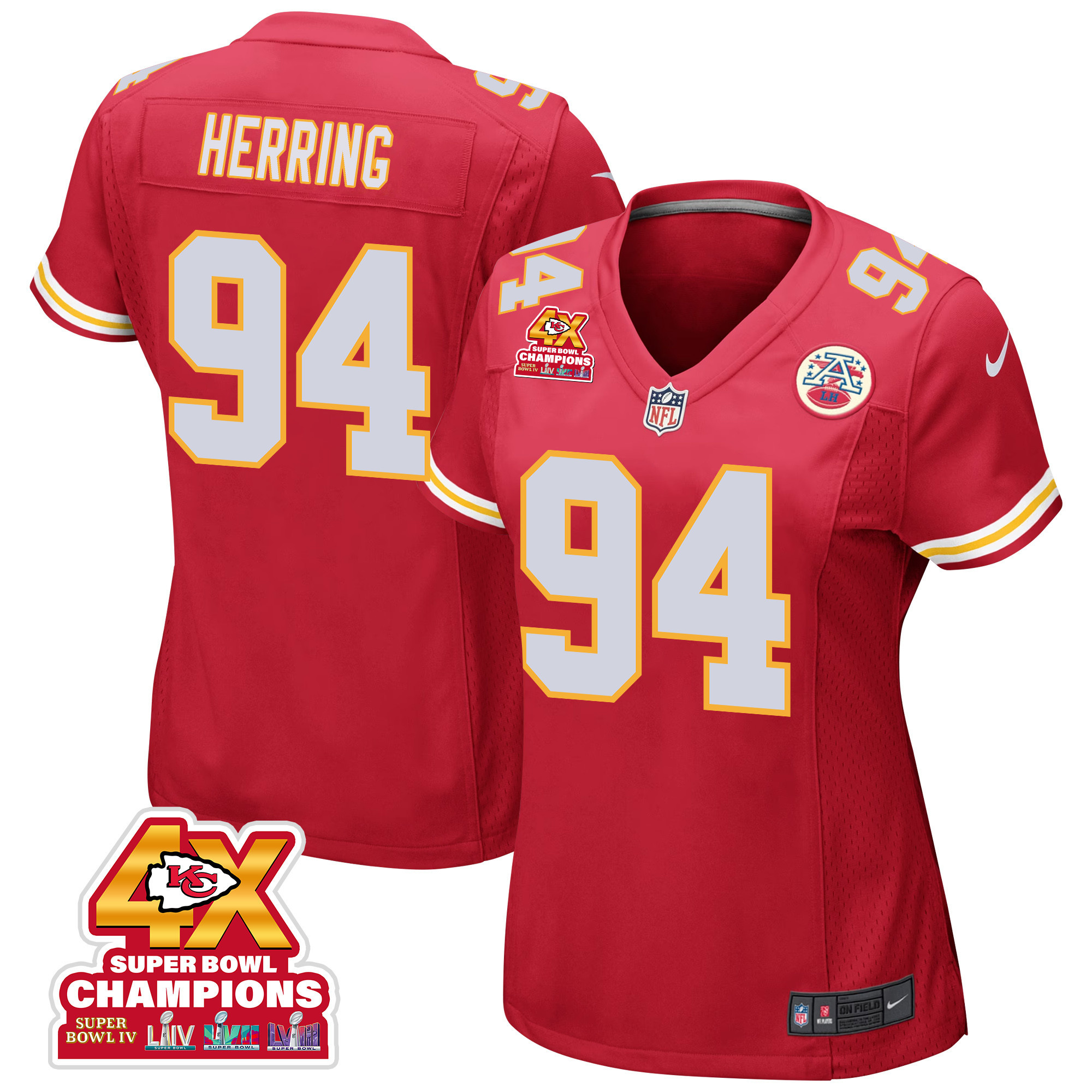 Malik Herring 94 Kansas City Chiefs Super Bowl LVIII Champions 4X Game Women Jersey - Red JS9781 nicesnker