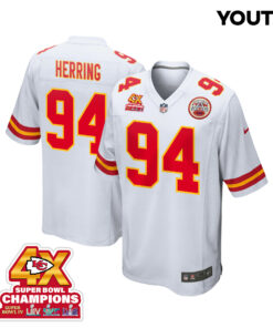 Malik Herring 94 Kansas City Chiefs Super Bowl LVIII Champions 4X Game YOUTH Jersey - White JS5269 nicesnker