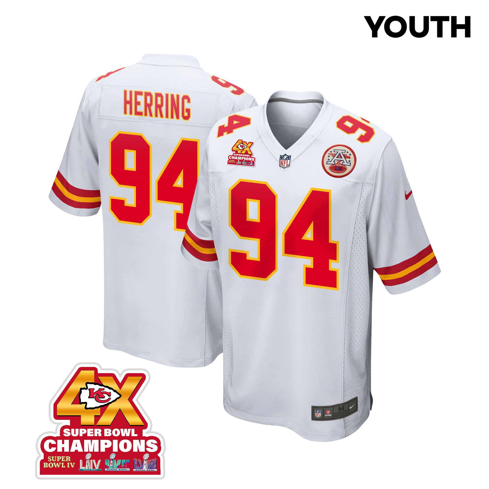 Malik Herring 94 Kansas City Chiefs Super Bowl LVIII Champions 4X Game YOUTH Jersey - White JS5269 nicesnker