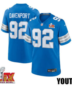 Marcus Davenport #92 Detroit Lions Super Bowl LIX YOUTH Jersey - Blue JS7657 nicesnker
