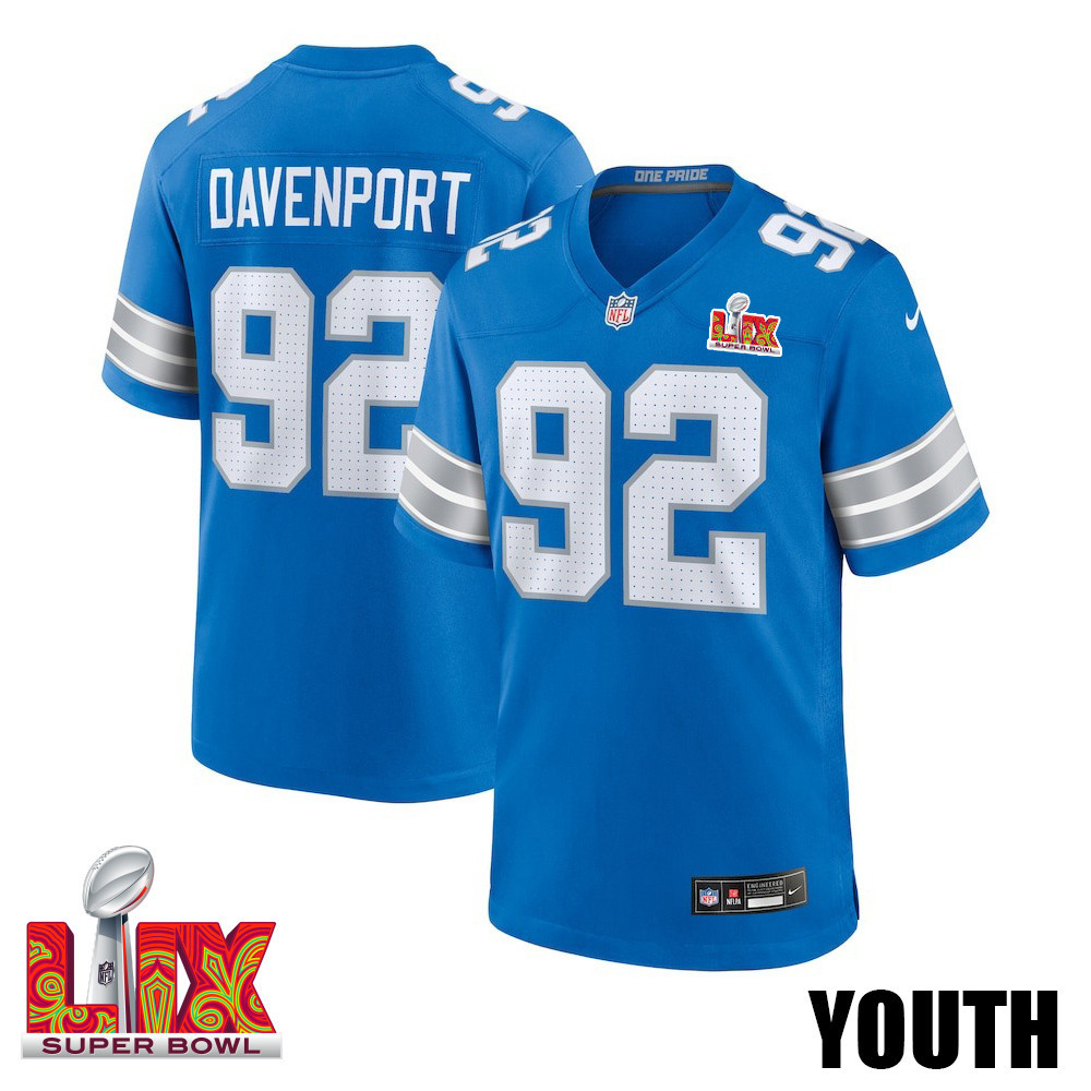 Marcus Davenport #92 Detroit Lions Super Bowl LIX YOUTH Jersey - Blue JS7657 nicesnker