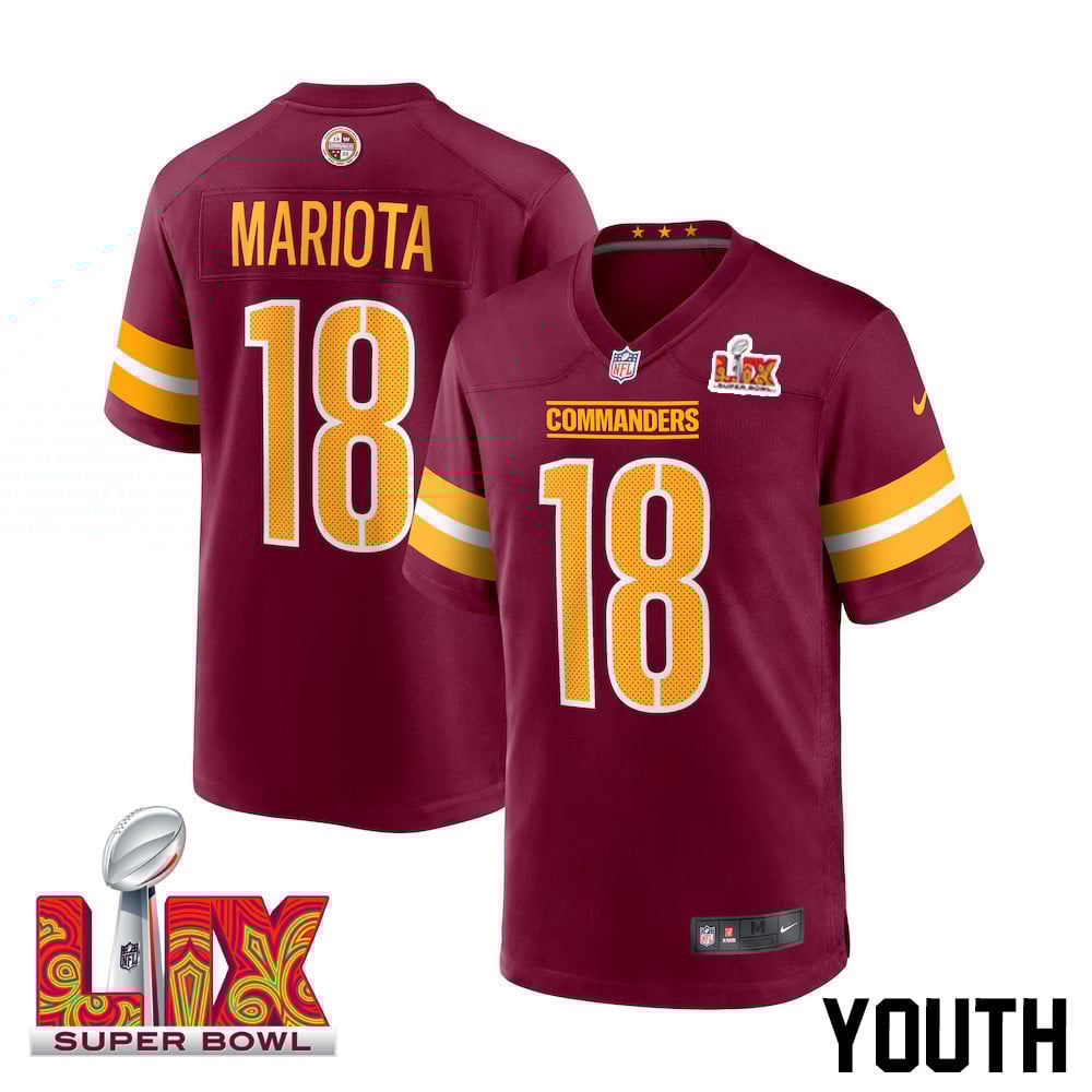 Marcus Mariota #18 Washington Commanders Super Bowl LIX Youth Jersey - Burgundy JS2223 nicesnker