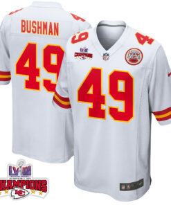 Matt Bushman 49 Kansas City Chiefs Super Bowl LVIII Champions 4 Stars Patch Game Men Jersey - White JS2015 nicesnker