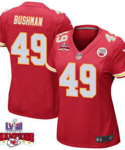 Matt Bushman 49 Kansas City Chiefs Super Bowl LVIII Champions 4 Stars Patch Game Women Jersey - Red JS9157 nicesnker