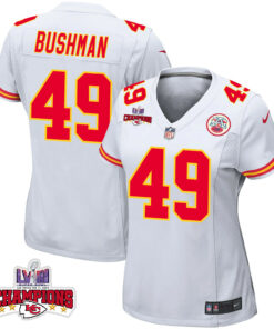 Matt Bushman 49 Kansas City Chiefs Super Bowl LVIII Champions 4 Stars Patch Game Women Jersey - White JS2913 nicesnker