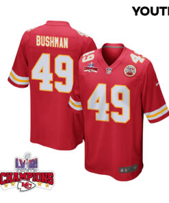 Matt Bushman 49 Kansas City Chiefs Super Bowl LVIII Champions 4 Stars Patch Game YOUTH Jersey - Red JS2950 nicesnker