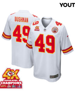 Matt Bushman 49 Kansas City Chiefs Super Bowl LVIII Champions 4X Game YOUTH Jersey - White JS9005 nicesnker