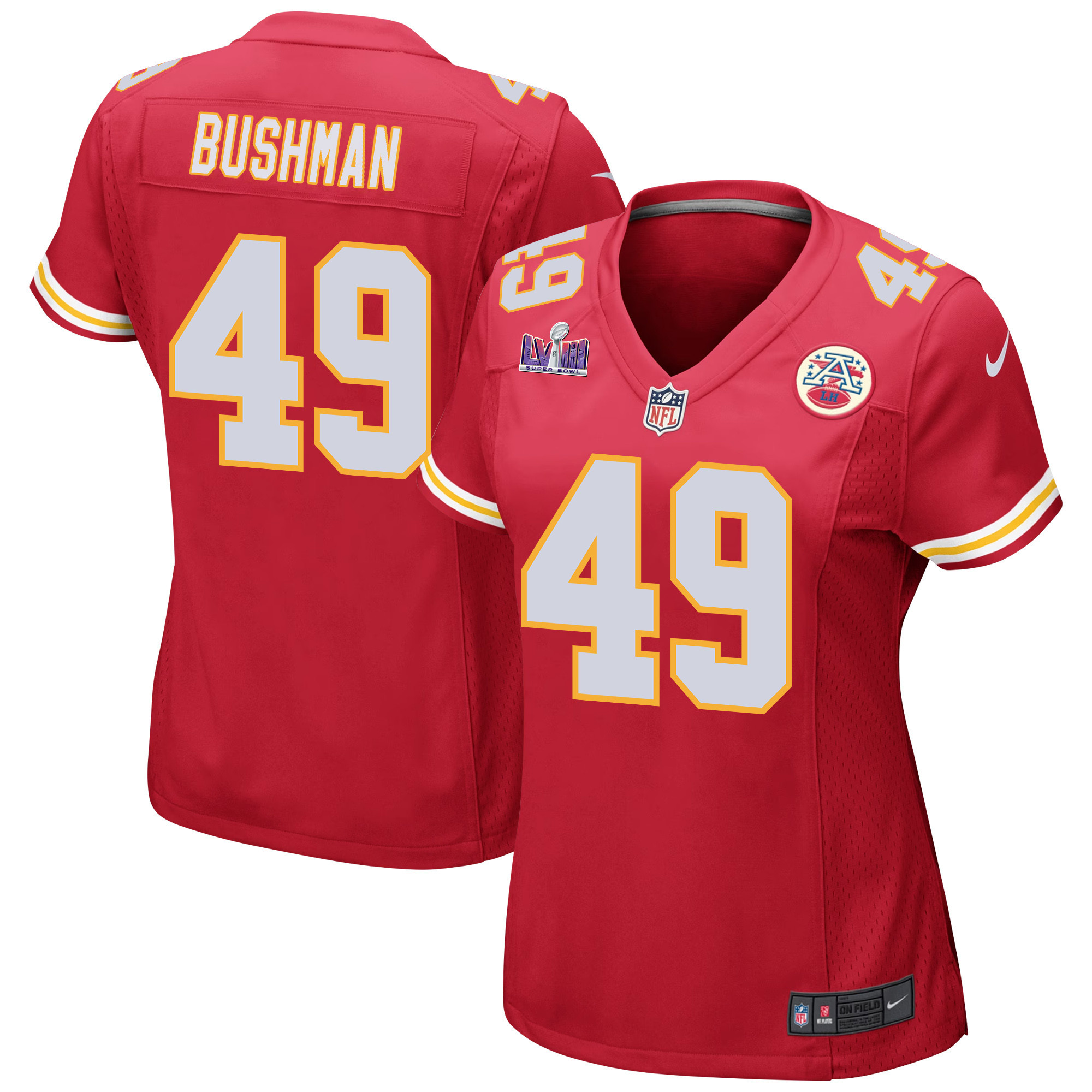 Matt Bushman 49 Kansas City Chiefs Super Bowl LVIII Patch Game Women Jersey - Red JS4624 nicesnker