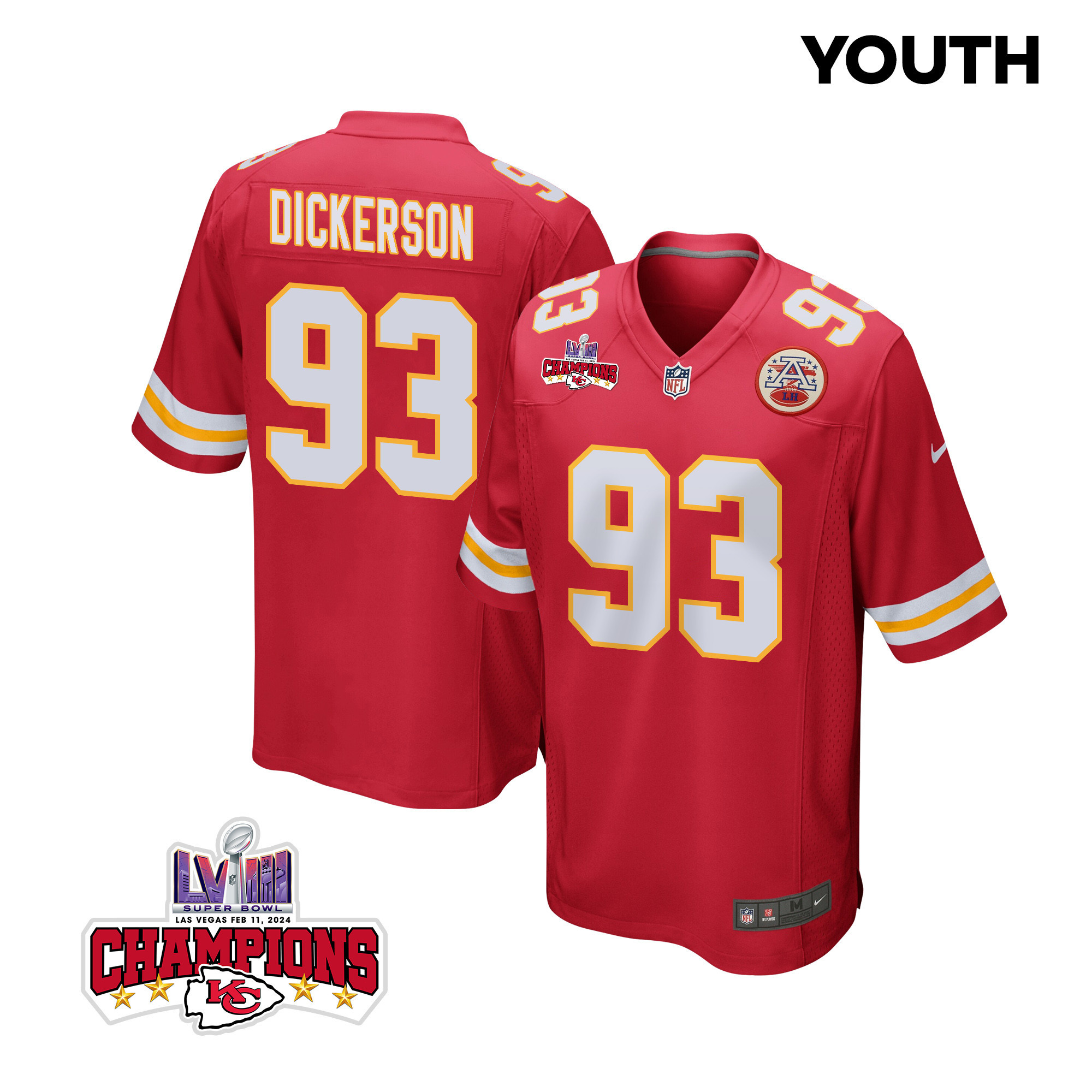 Matt Dickerson 93 Kansas City Chiefs Super Bowl LVIII Champions 4 Stars Patch Game YOUTH Jersey - Red JS3565 nicesnker