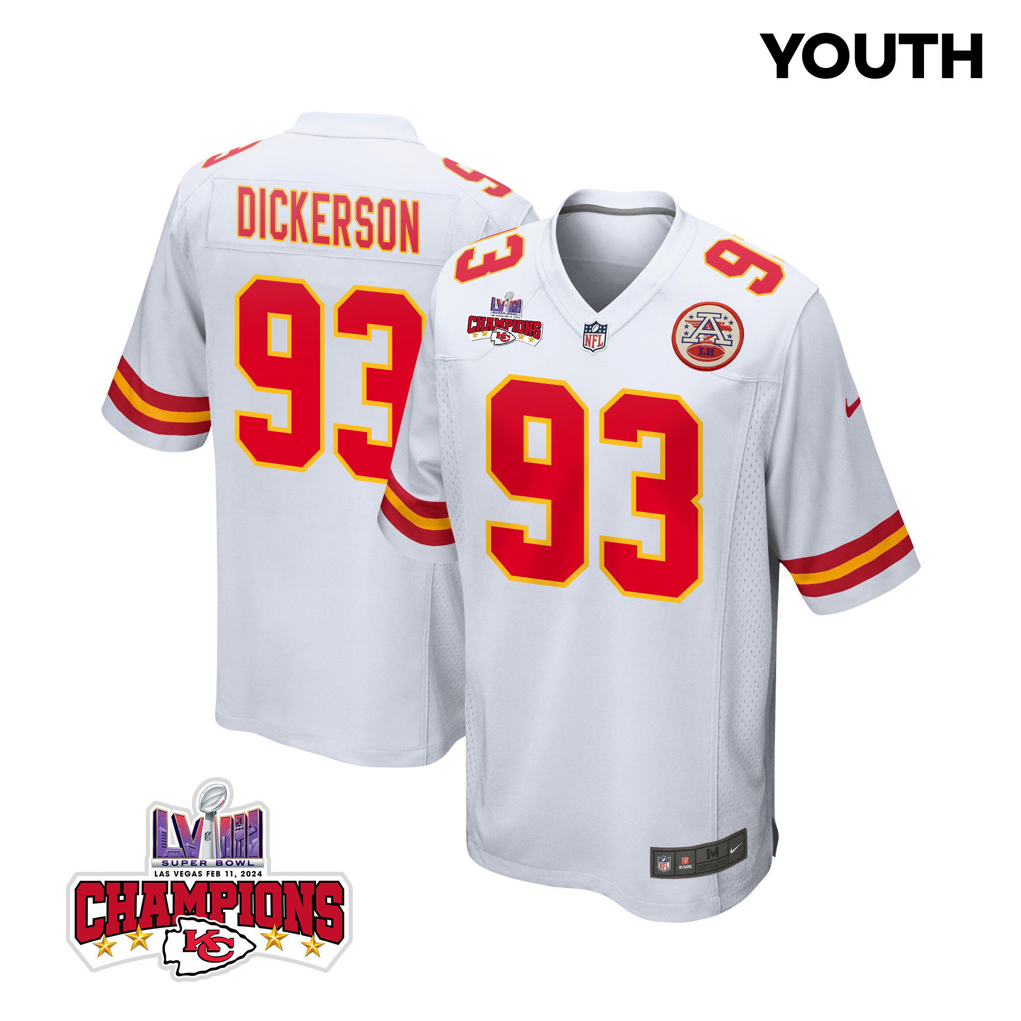 Matt Dickerson 93 Kansas City Chiefs Super Bowl LVIII Champions 4 Stars Patch Game YOUTH Jersey - White JS1288 nicesnker