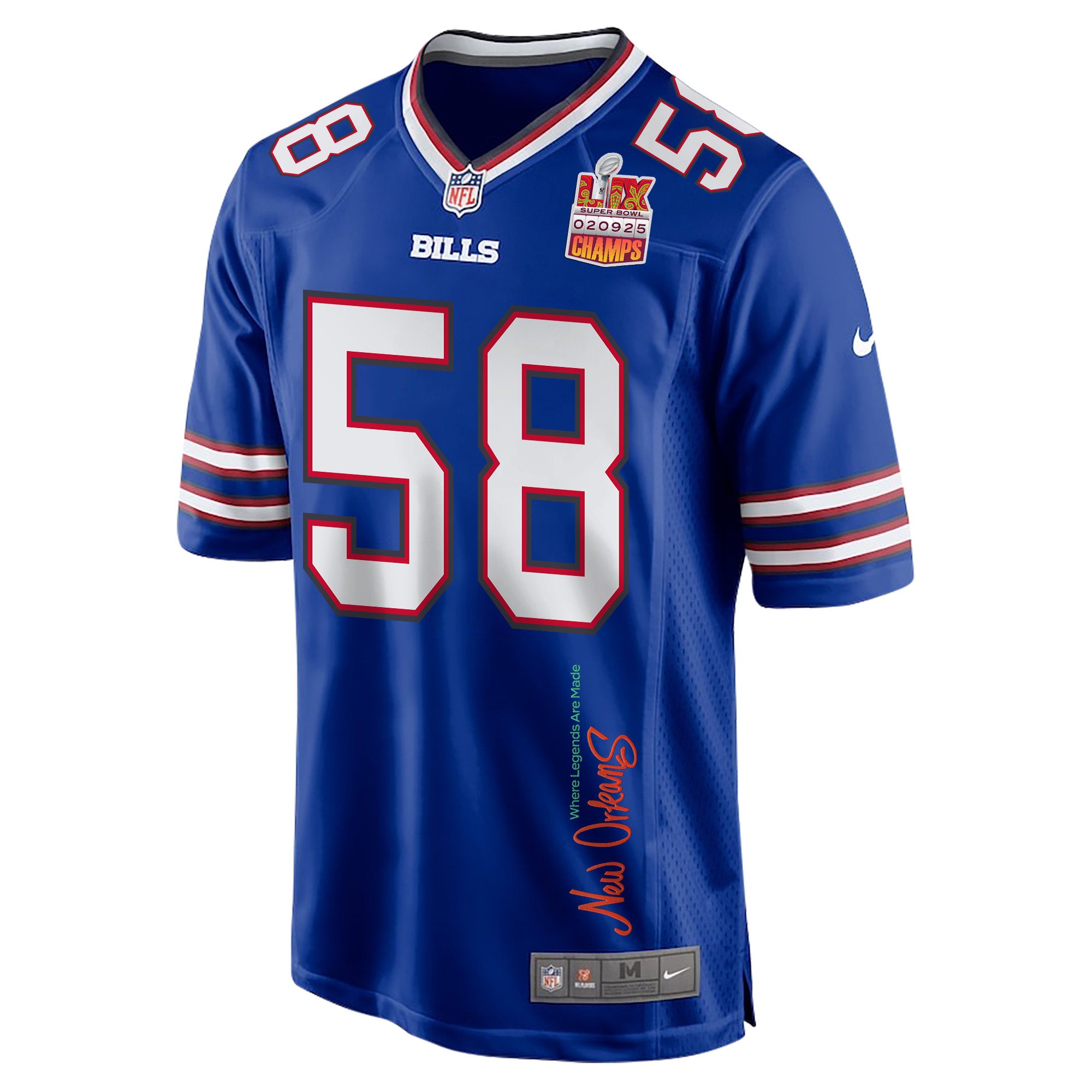 Matt Milano 58 Buffalo Bills Super Bowl LIX Champions Patch 'New Orleans - Where Legends Are Made' EMBROIDERED Game Men Jersey - Royal JS4965 nicesnker - Image 3