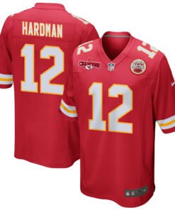 Mecole Hardman 12 Kansas City Chiefs AFC Champions Patch Game Men Jersey - Red JS9216 nicesnker