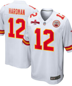 Mecole Hardman 12 Kansas City Chiefs AFC Champions Patch Game Men Jersey - White JS8906 nicesnker