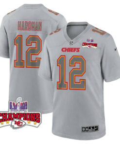 Mecole Hardman 12 Kansas City Chiefs Super Bowl LVIII Champions 4 Stars Patch Atmosphere Fashion Game Men Jersey - Gray JS4432 nicesnker