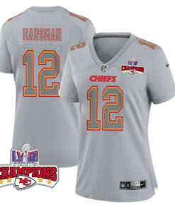 Mecole Hardman 12 Kansas City Chiefs Super Bowl LVIII Champions 4 Stars Patch Atmosphere Fashion Game Women Jersey - Gray JS3958 nicesnker