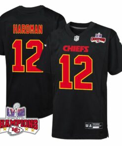Mecole Hardman 12 Kansas City Chiefs Super Bowl LVIII Champions 4 Stars Patch Fashion Game YOUTH Jersey - Carbon Black JS8084 nicesnker