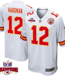 Mecole Hardman 12 Kansas City Chiefs Super Bowl LVIII Champions 4 Stars Patch Game Men Jersey - White JS2959 nicesnker